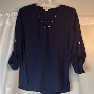 Michael Kors York Blue Tie Front Blouse with Relaxed V-Neck